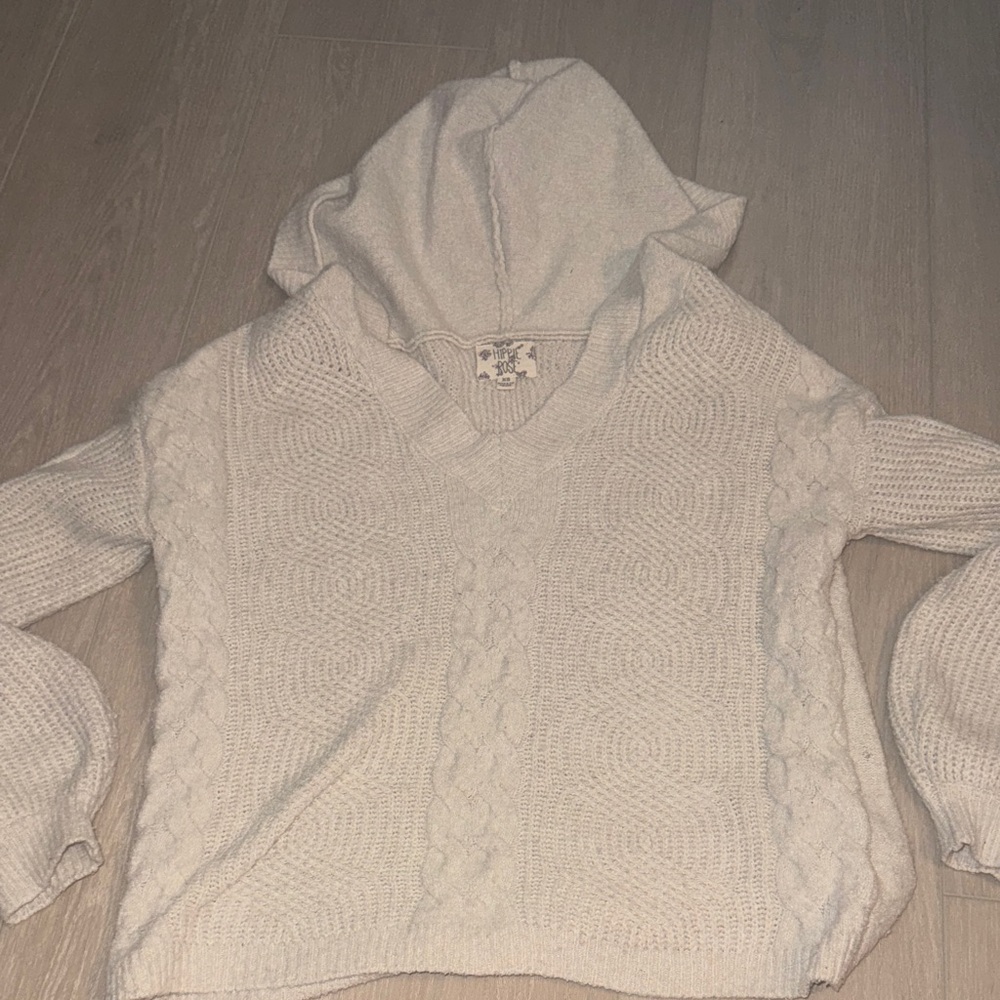 Hippie Rose Cream V-Neck Cable Knit Sweater With hoodie